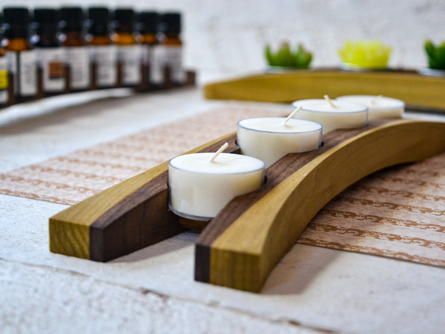 wooden tealight candle holder with white tealight candles