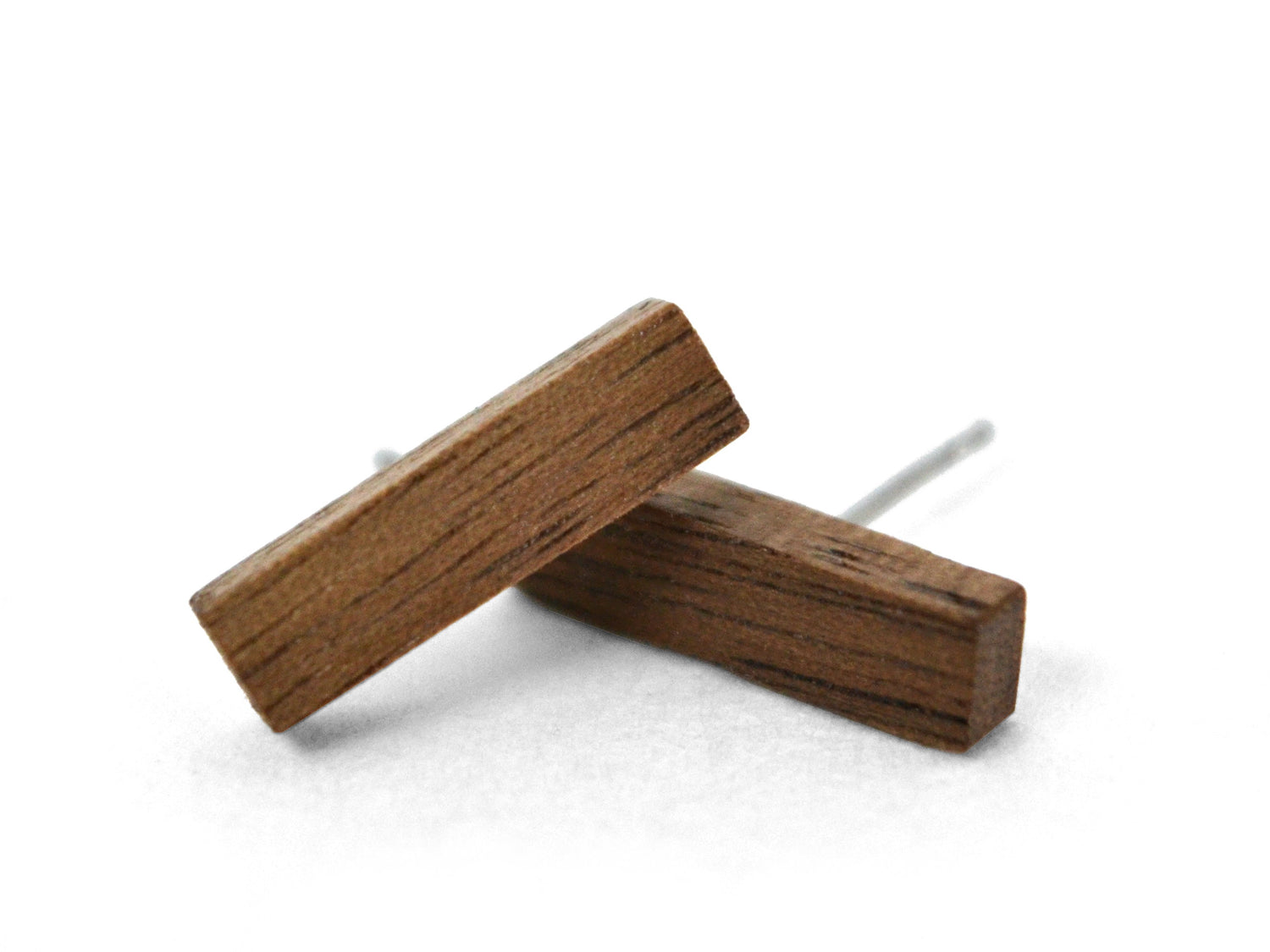 dark walnut bar stud earrings, pair of walnut wood bar shaped studs