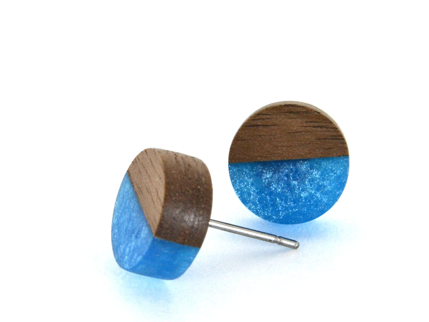 walnut and blue round stud earring pair, nickel free