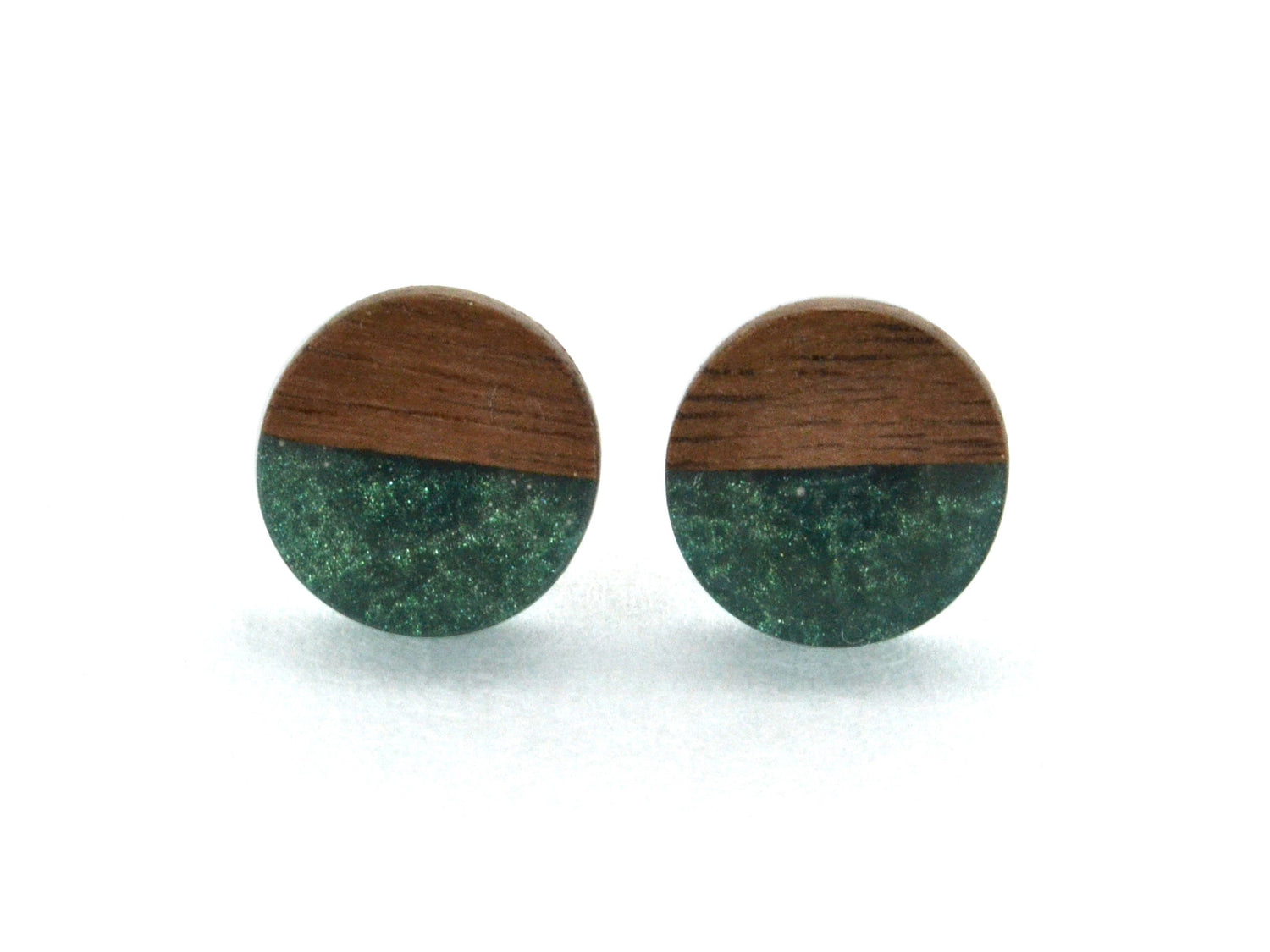 forest green and dark walnut round earring studs, half moon accent design