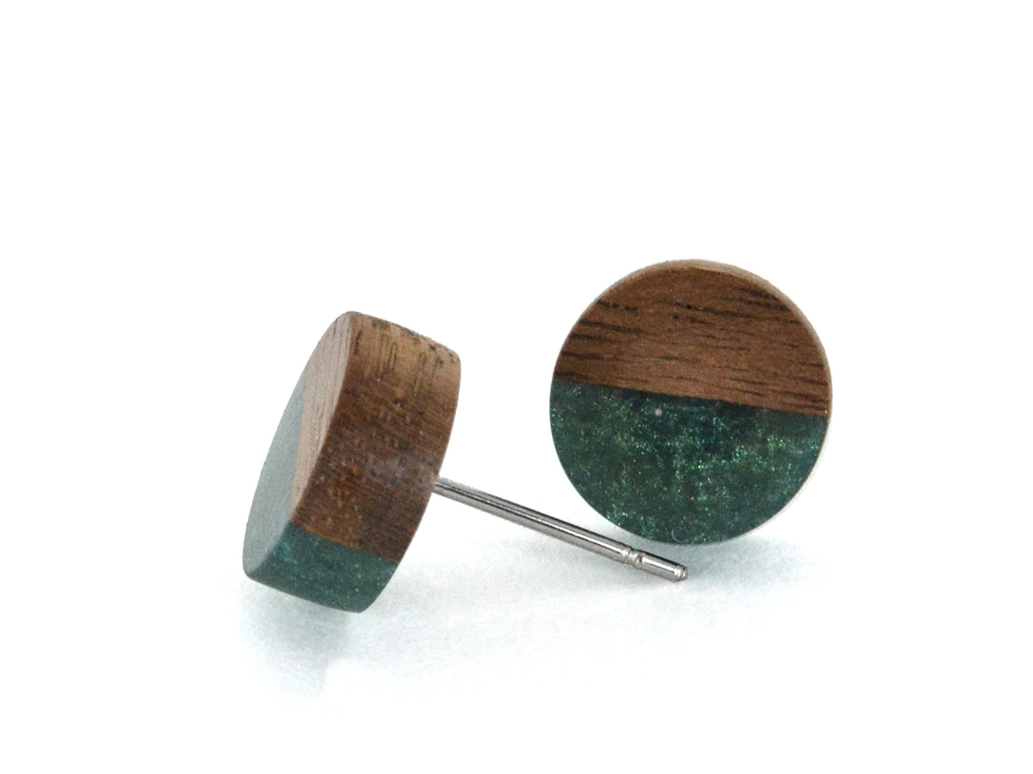 round wooden stud earrings, two tone forest green with dark walnut
