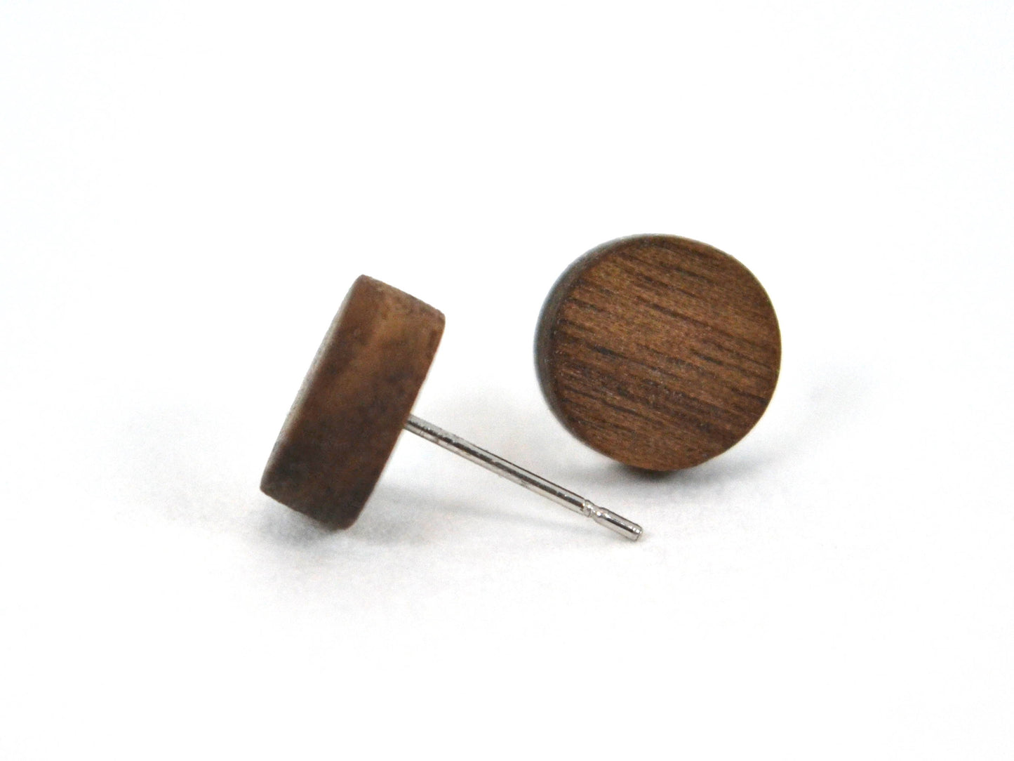 round walnut earrings with stainless steel nickel free studs