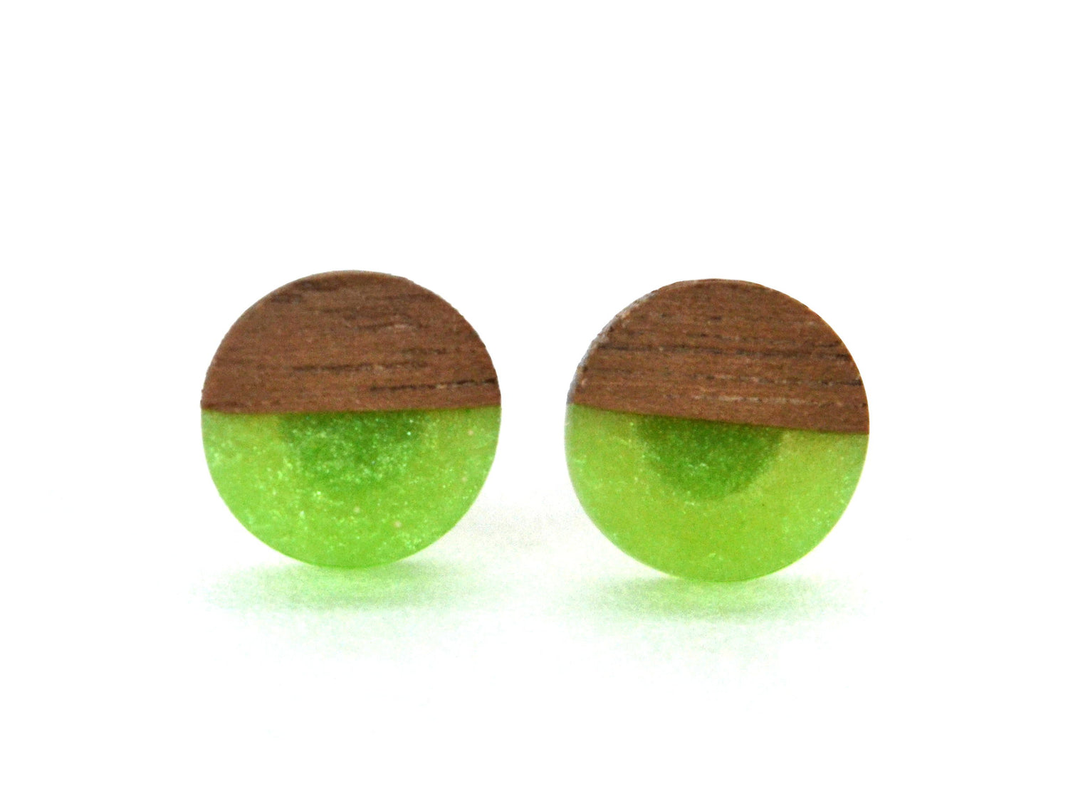 lightweight walnut wood round stud earrings, kiwi green accent