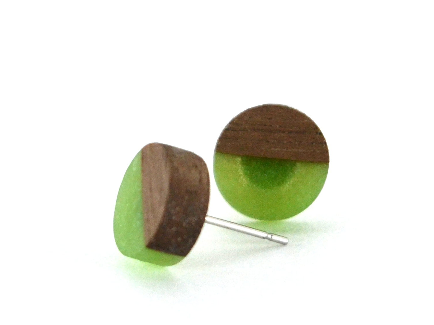 walnut stud earrings with kiwi green resin fill