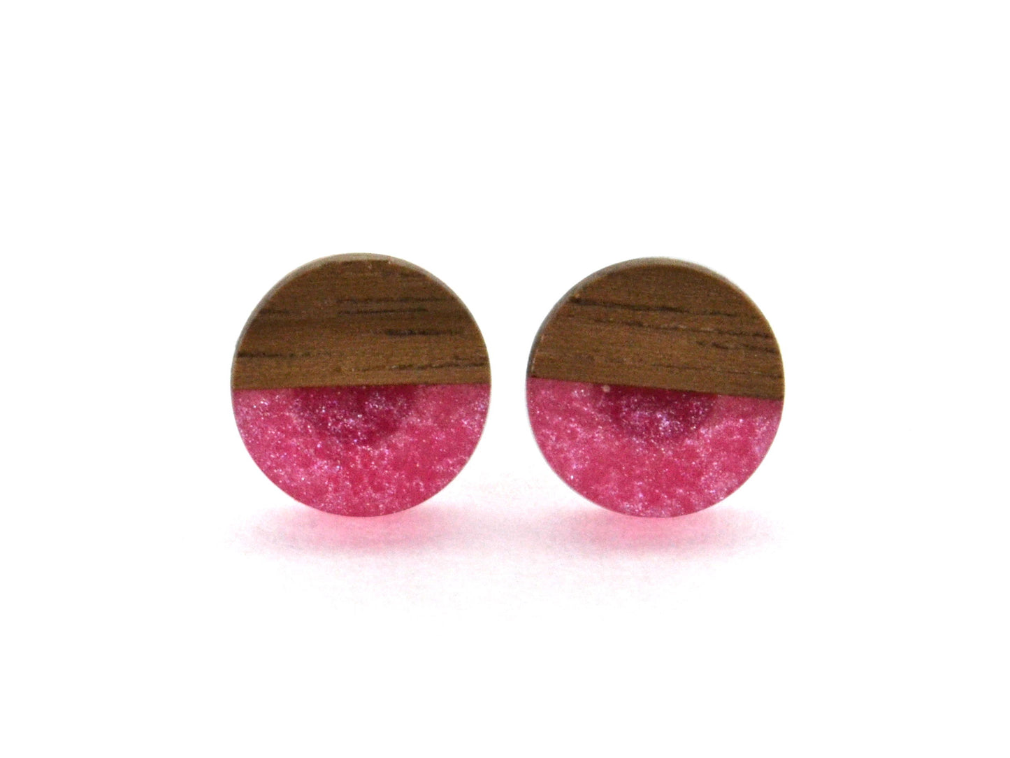 brown walnut with rose pink epoxy earrings, round stud earring pair