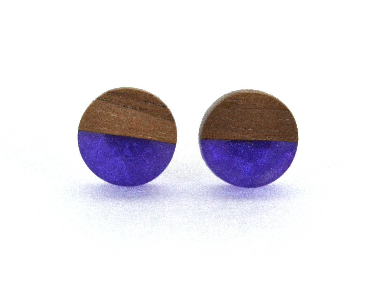 natural walnut wood earrings, minimal design with purple accent
