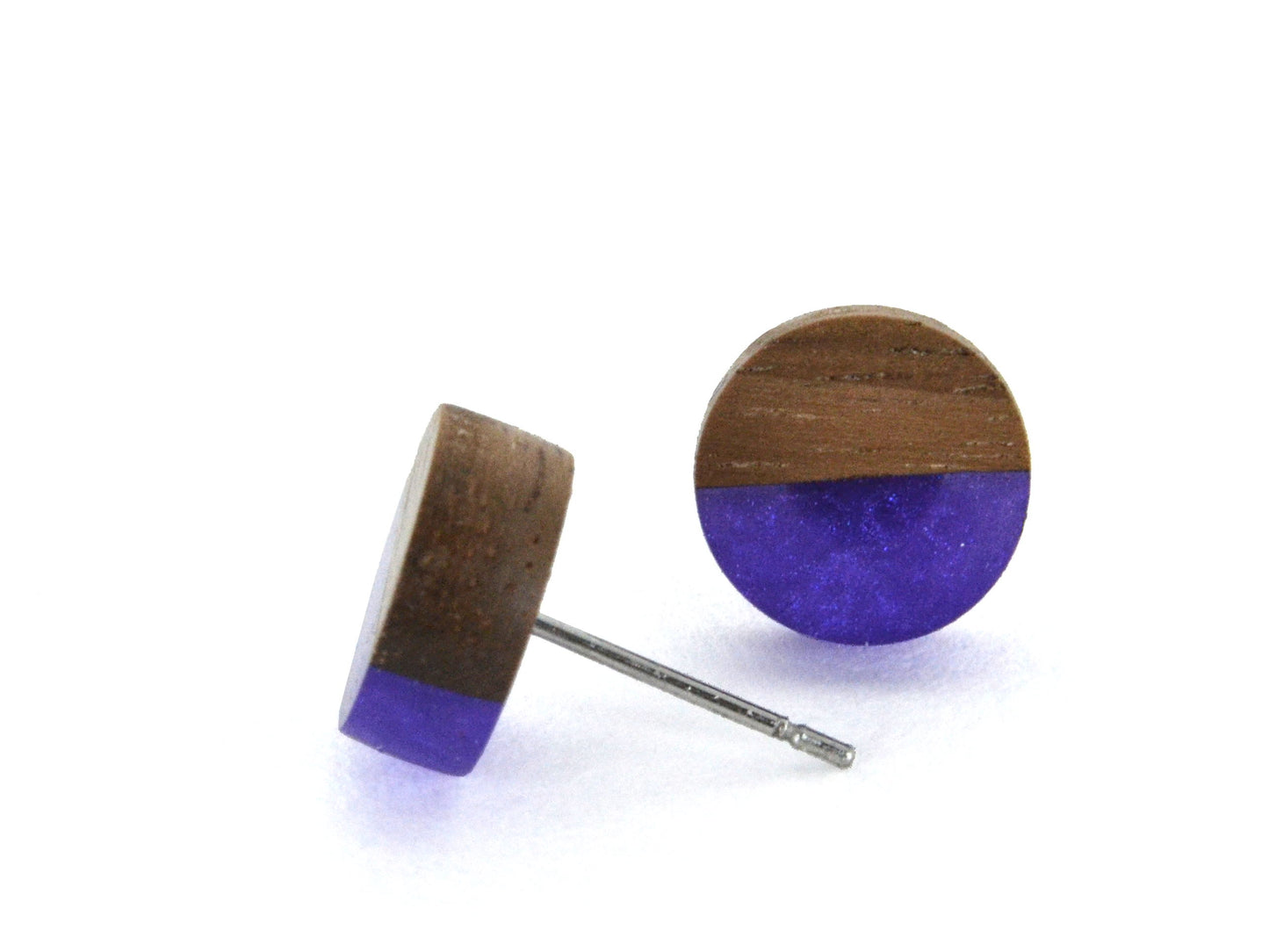 purple epoxy resin earrings with dark walnut wood