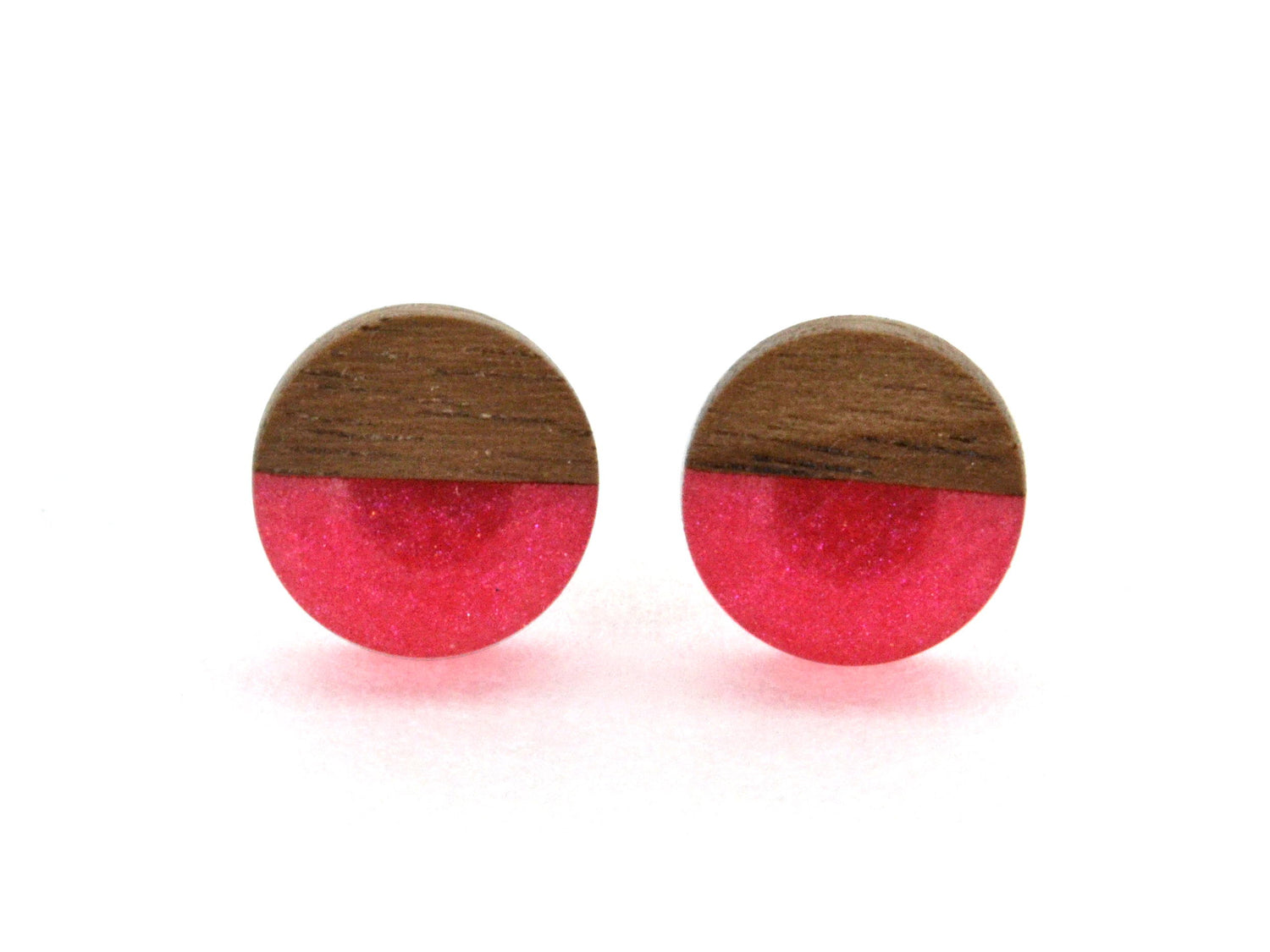 apple red wooden stud earrings, walnut earrings with nickel free studs