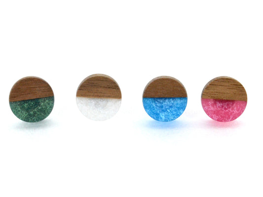 half moon round walnut wood stud earrings with epoxy resin, assorted colors