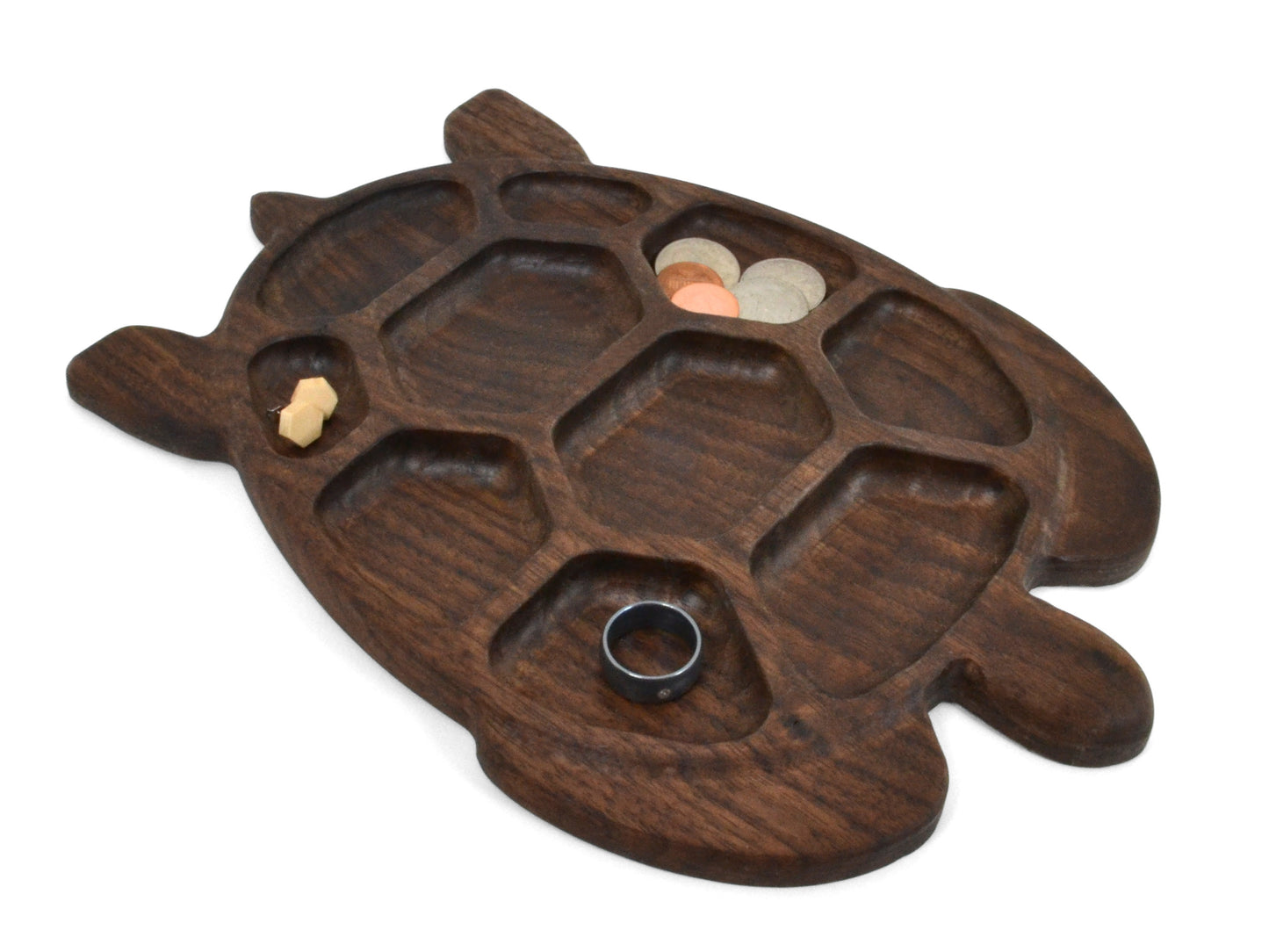 turtle ring dish with pockets, dark wood grain