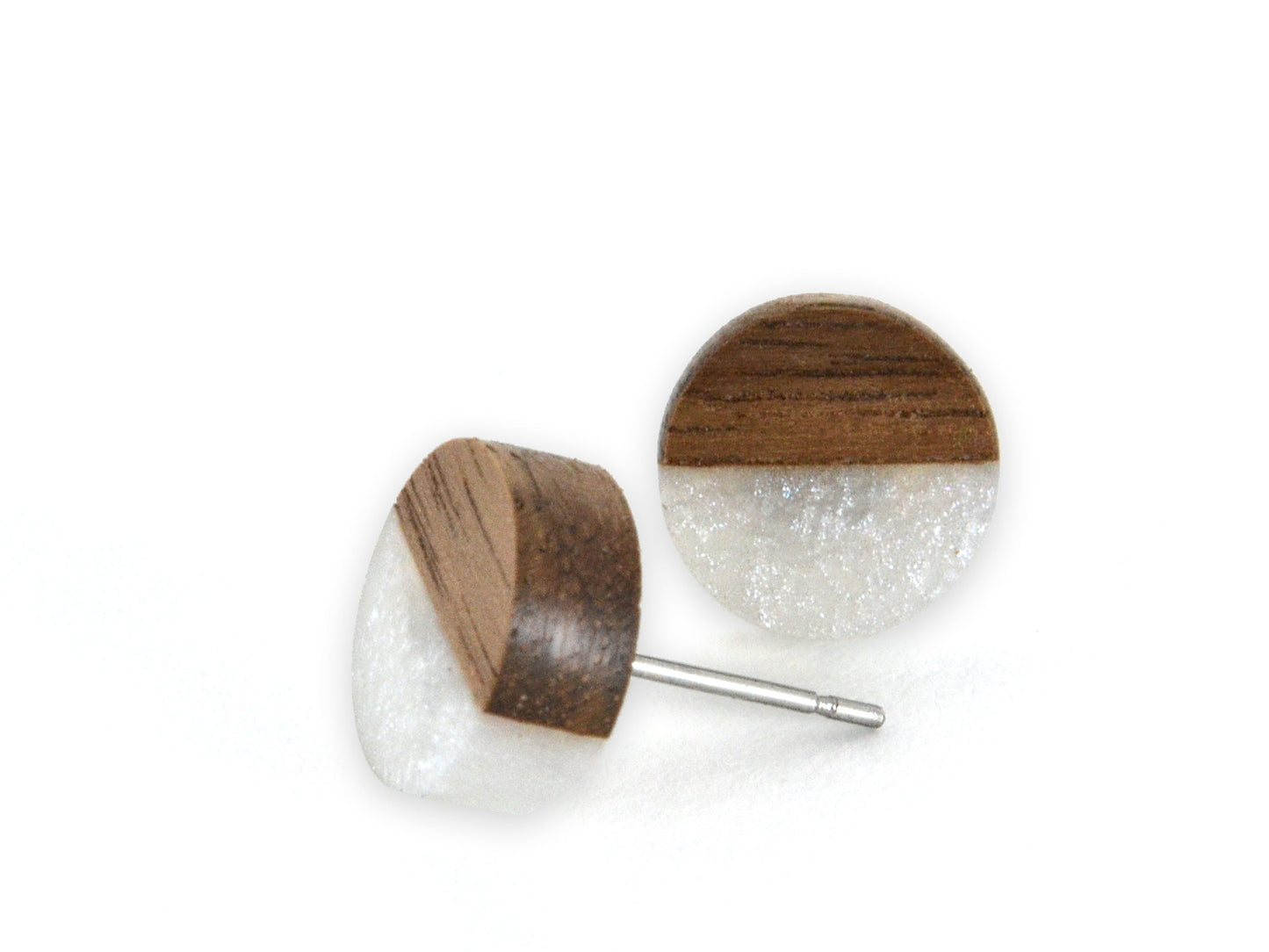 snow white epoxy earrings with walnut accent, dark walnut round wooden earring studs
